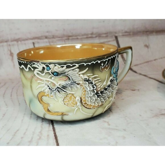 Vintage Japanese Dragonware Teacup & Saucer Set Moriage Demitasse Hand Painted - Picture 6 of 11